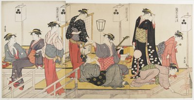 Drieluik van afkoelen in de avond aan de Shijo-rivierbank, 1784 door Torii Kiyonaga